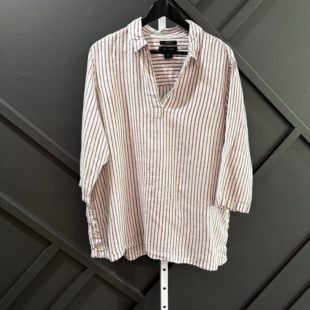 Tahari Tunic Women's Size 1X Red White Stripe 100% Linen 3/4 Sleeve Side Buttons